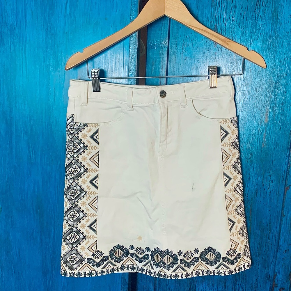 White Embroidered Jean Skirt